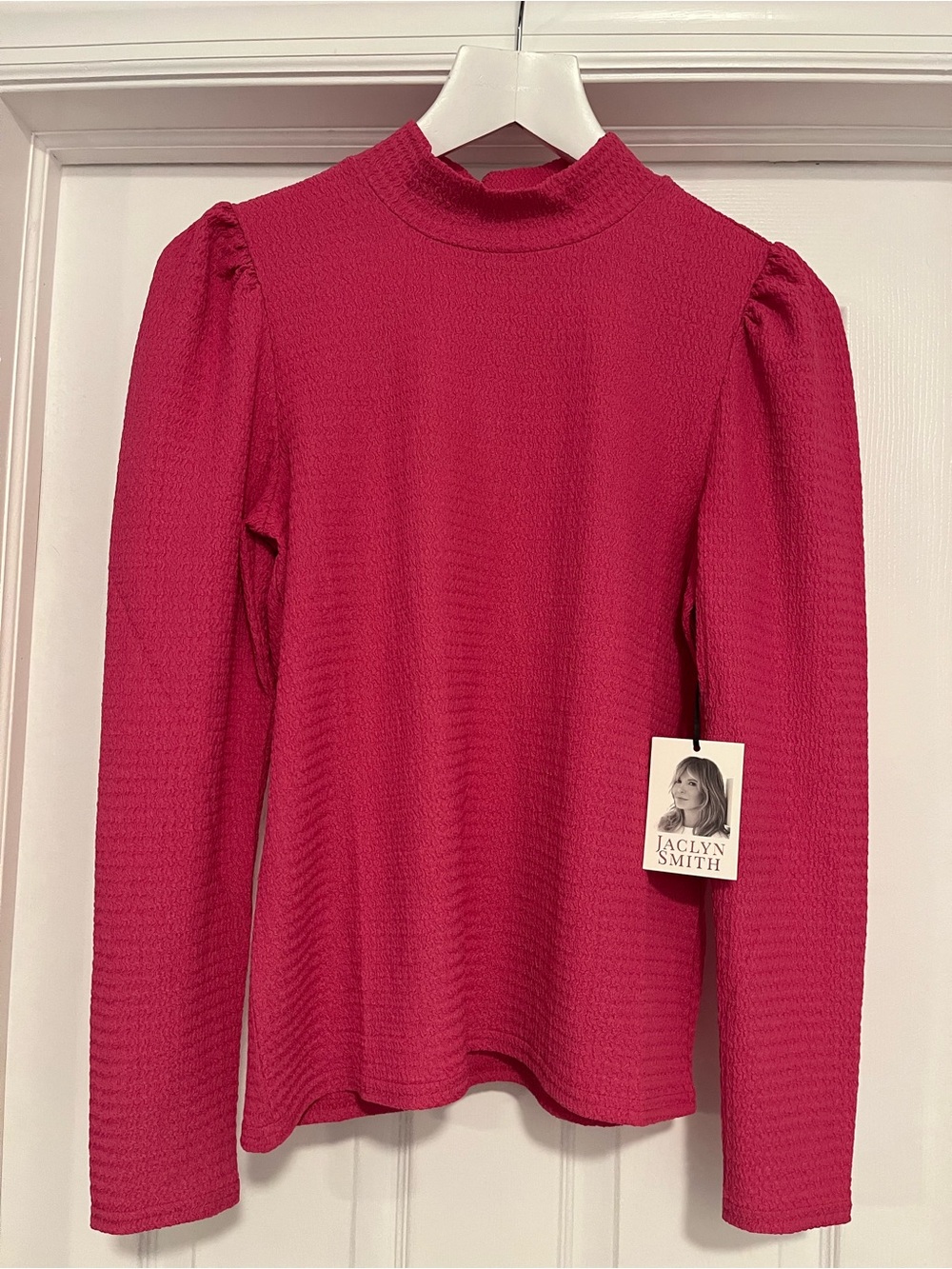 Pink Long-Sleeve Puff Shoulder Mock Neck Top